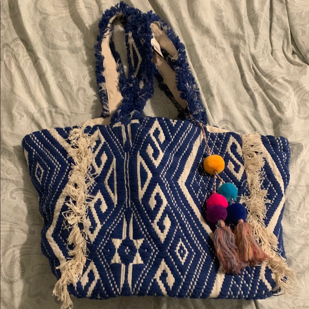 Blue and White Geometric Tote with Tassel Accent